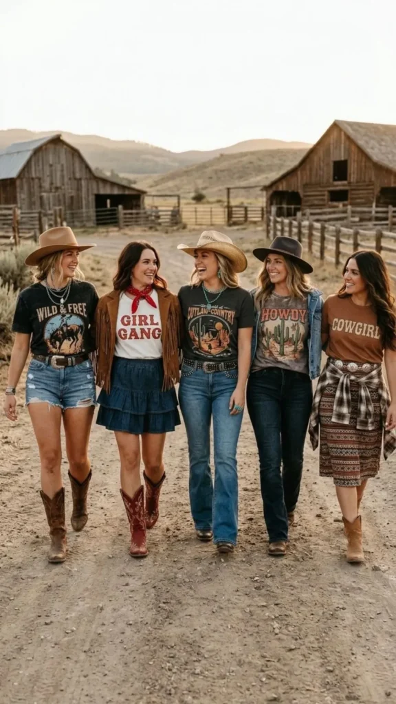 Coordinated graphic tee outfits with denim jeans and cowboy boots for a fun cowgirl-inspired group style.