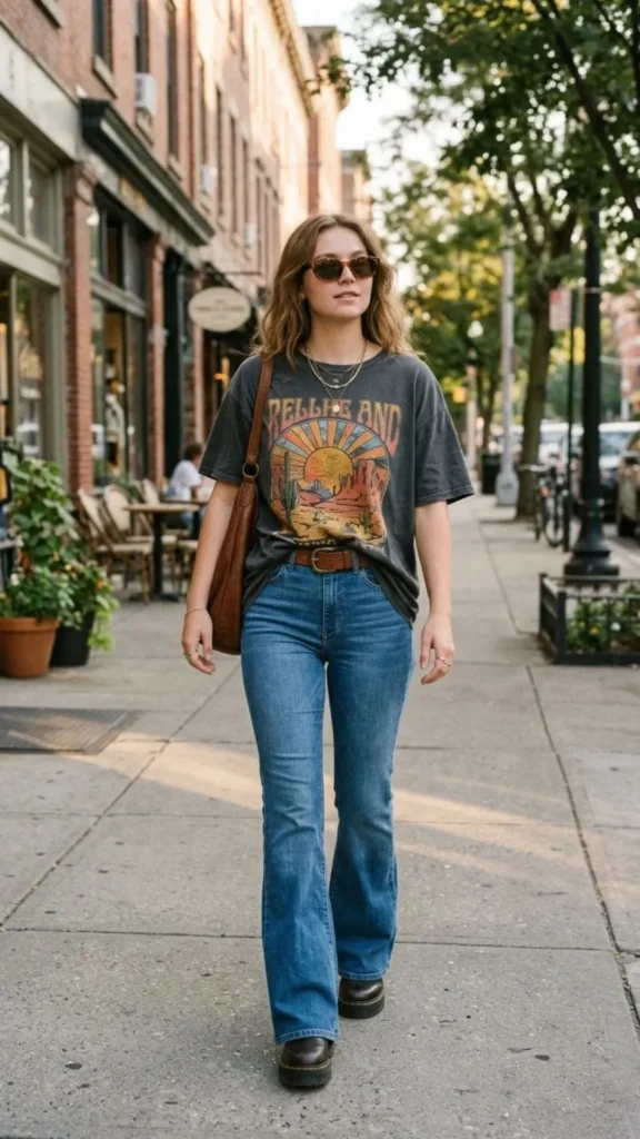 Relaxed cowgirl style featuring a graphic tee, flared jeans, and fashionable Western boots.