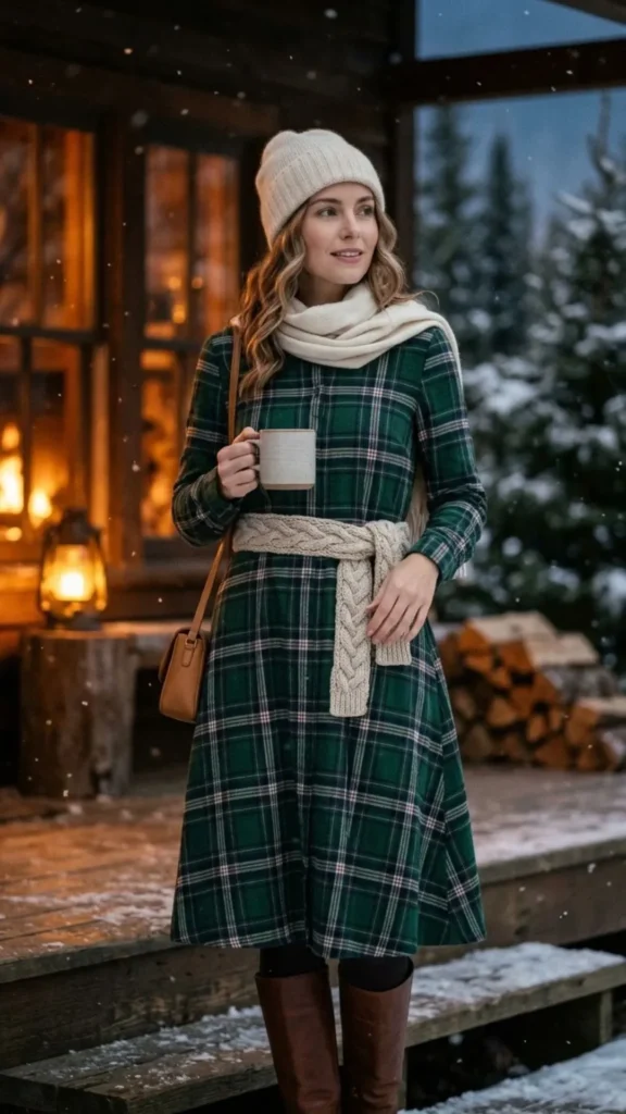 Green plaid winter dress with a knitted belt for a cozy and fashionable seasonal look.