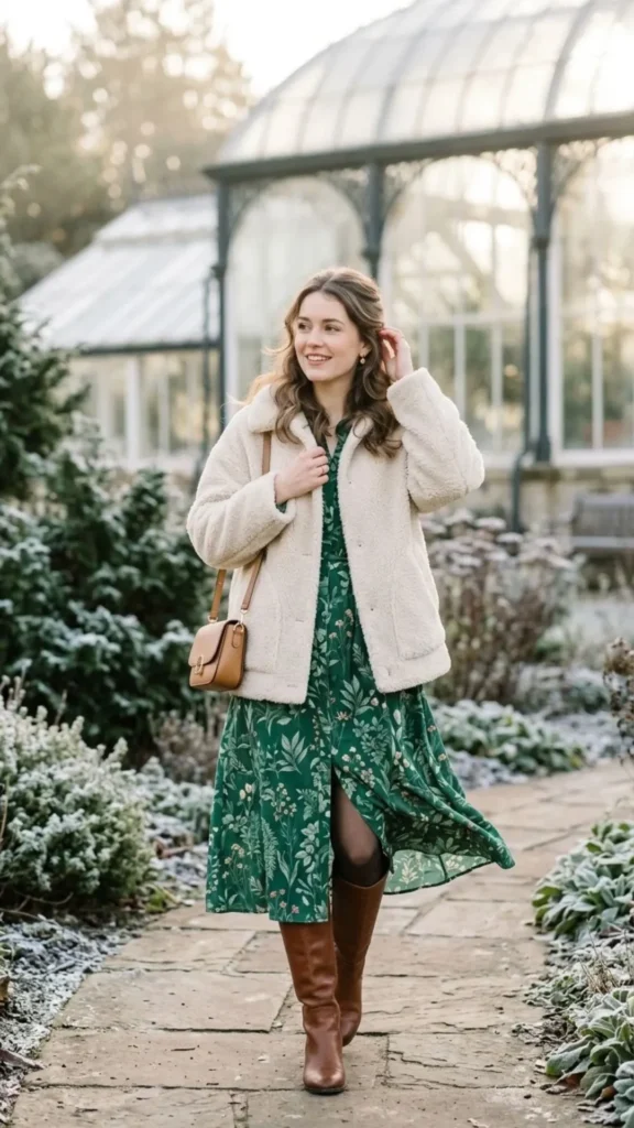 Green-printed midi dress styled with a cream oversized jacket for a chic winter outfit.