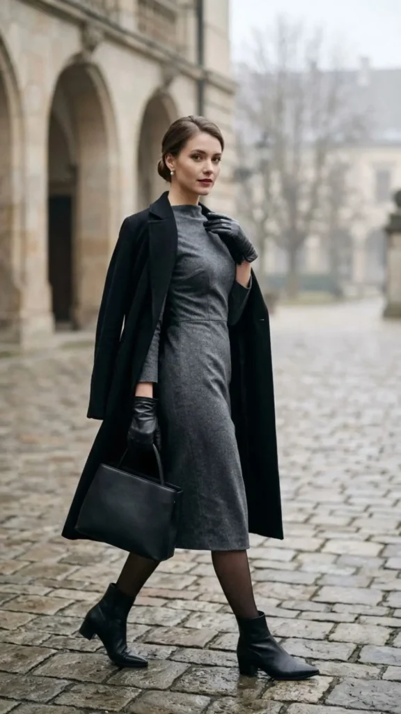 Grey wool winter dress accessorized with black leather gloves for a sophisticated cold-weather style.