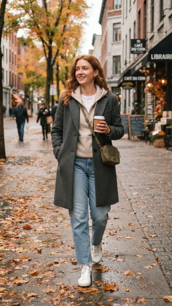 Woman in a cozy hoodie, wool coat, casual fall denim, and comfortable boots for Oktoberfest.