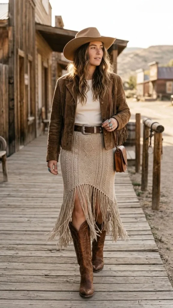 Stylish Western outfit with a knit fringe skirt, tall cowboy boots, and chic seasonal accessories.