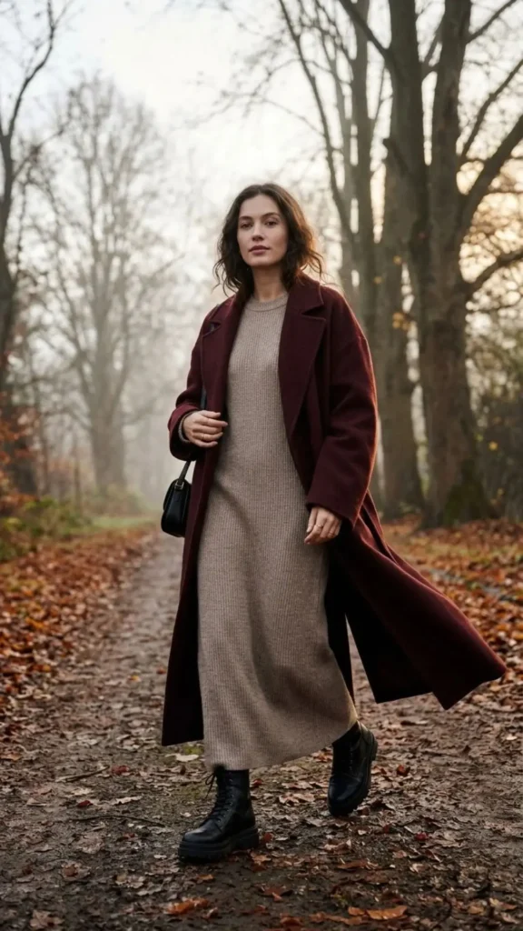 Cozy knit maxi dress paired with a maroon overcoat and combat boots for a bold winter outfit.