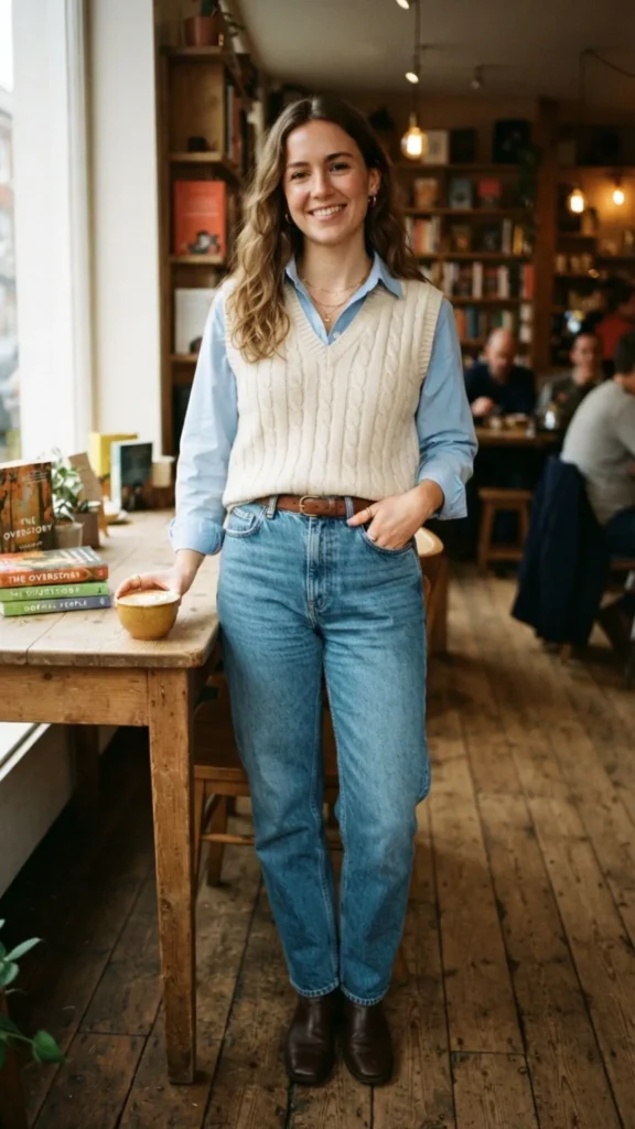Woman styling a knit vest over a button-up shirt with jeans and casual fall footwear.