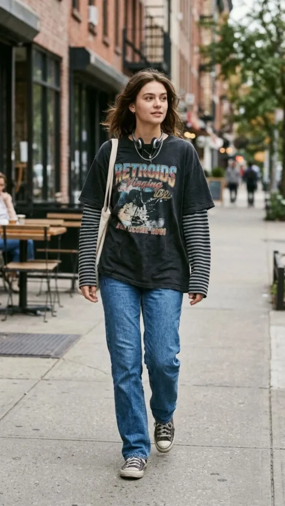 Layered graphic tee with straight-leg jeans and Western boots for an effortless everyday cowgirl look.