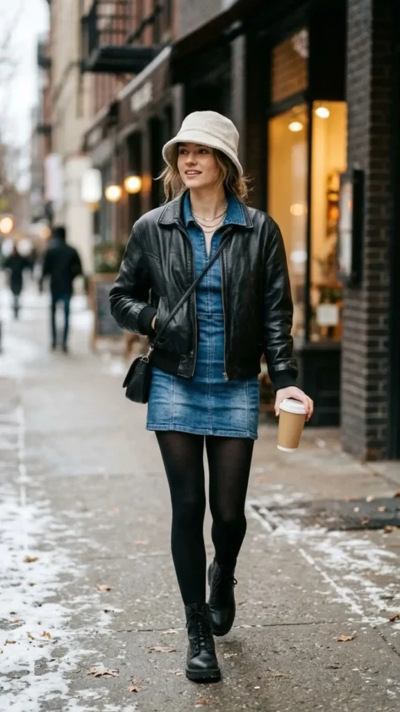 Denim mini dress with a leather bomber jacket and bucket hat for a trendy winter street-style look.