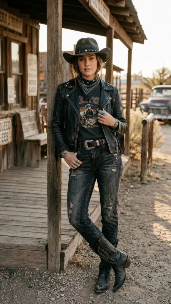 Edgy cowgirl fashion with a leather jacket, denim jeans, and classic cowboy boots.