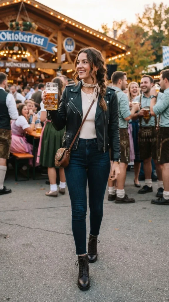 Woman wearing a leather jacket, ribbed top, dark denim, and boots for a modern autumn Oktoberfest look.
