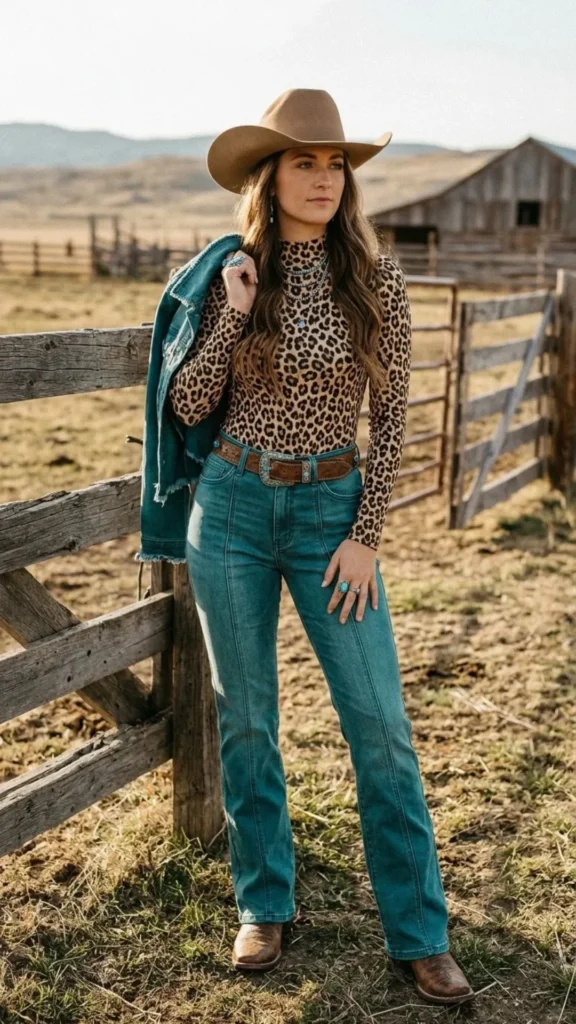 Bold Western fashion featuring a leopard-print bodysuit, teal denim jeans, and stylish cowboy boots.