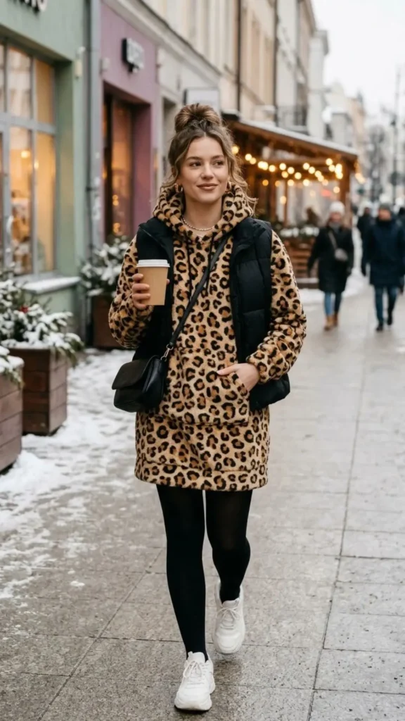 Leopard print hoodie dress styled for a trendy and comfortable winter streetwear look.
