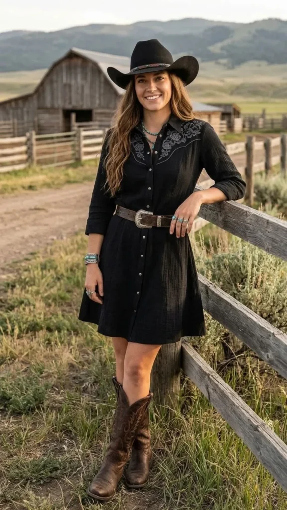 Elegant little black Western dress styled with cowboy boots and modern cowgirl accessories.