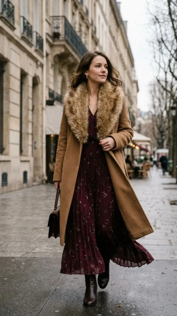 Elegant maxi dress paired with a fur-collar wool coat for sophisticated winter wedding style.