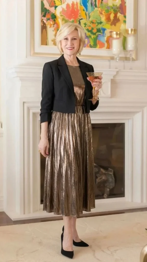 Metallic midi dress styled with a cropped blazer for an elegant and modern work party look.