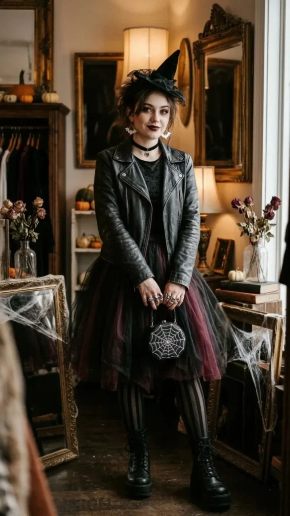 Mix-and-match spooky Halloween accessories featuring spiderweb jewelry, gothic chokers, bat earrings, striped tights, and stylish dark fashion.
