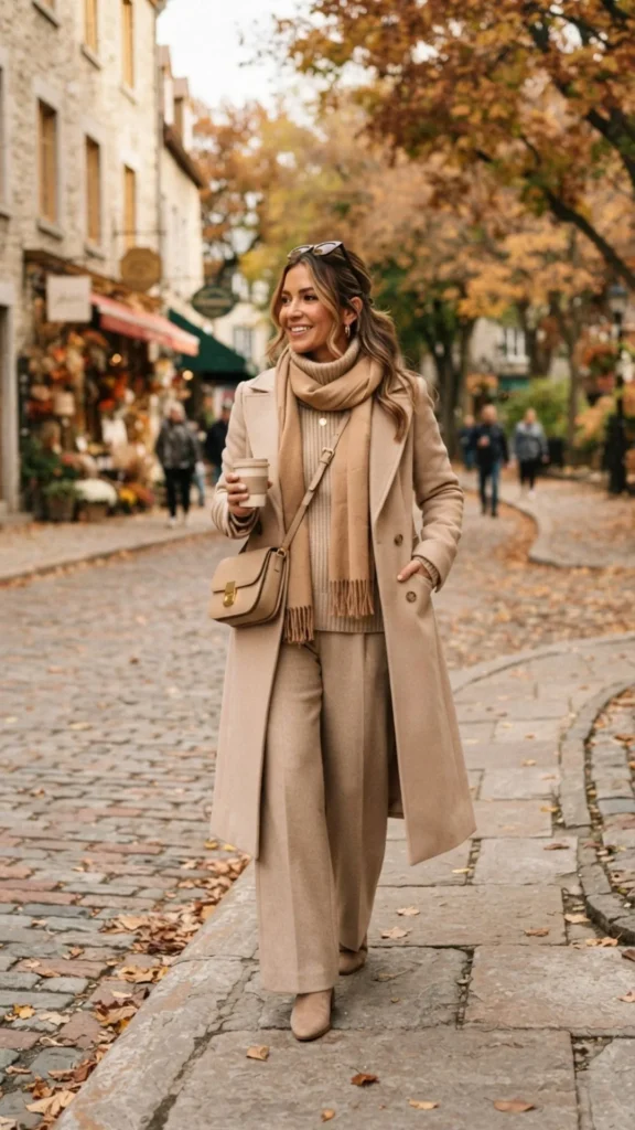 Woman wearing a monochrome beige fall outfit with a long coat, knitwear, and neutral boots.