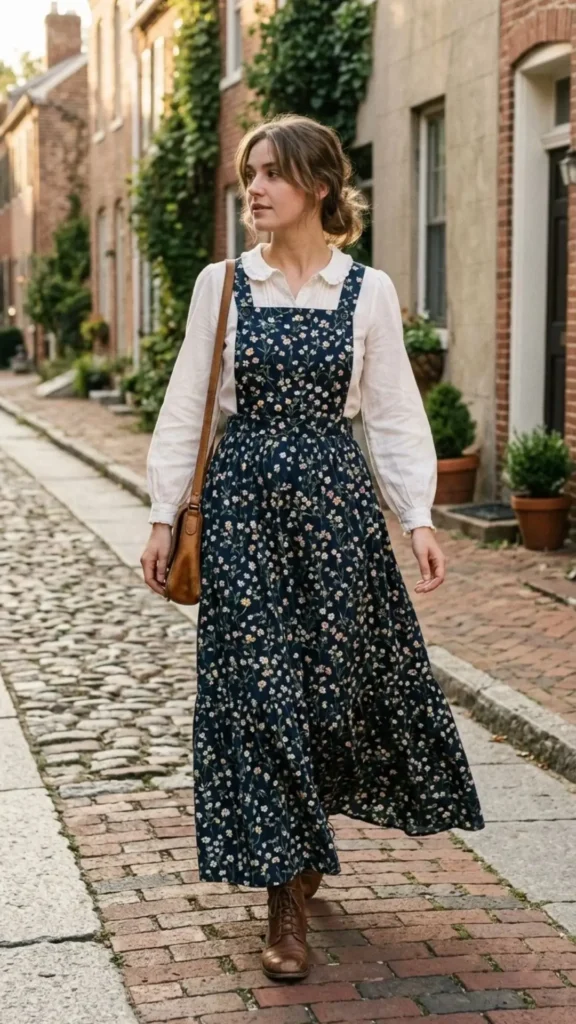 Navy floral pinafore maxi dress layered with a white shirt for chic wedding guest fashion