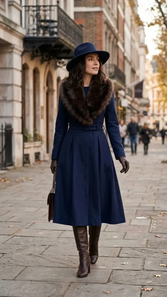 Navy midi dress with fur collar and wide-brim hat for timeless wedding guest elegance.