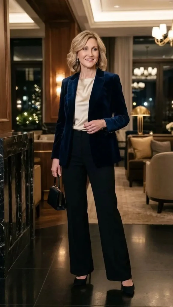 Navy velvet blazer styled with a satin blouse and tailored trousers for an elegant work party outfit.
