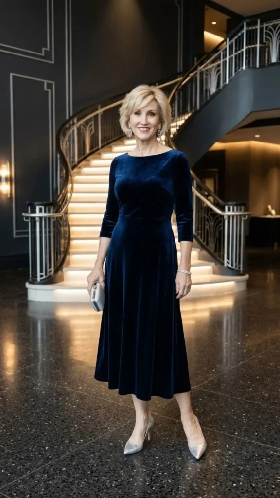 A navy velvet dress complemented by silver accessories for a luxurious and elegant evening outfit.