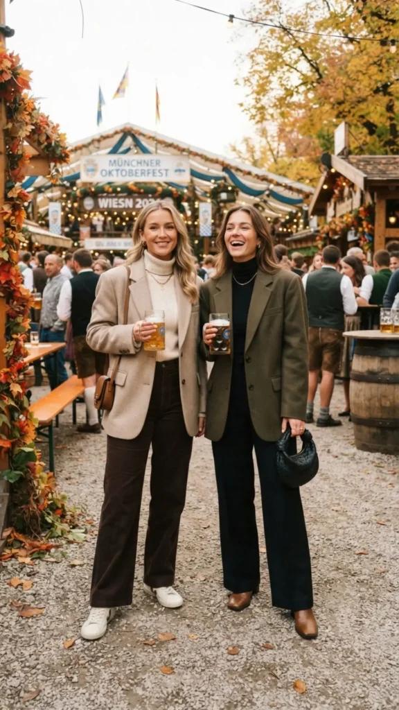 Woman styling an oversized blazer with a turtleneck, wide-leg pants, and elegant fall accessories.