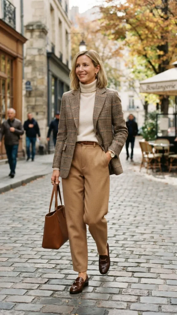 Woman styling a plaid blazer with a neutral knit sweater, tailored trousers, and fall boots.