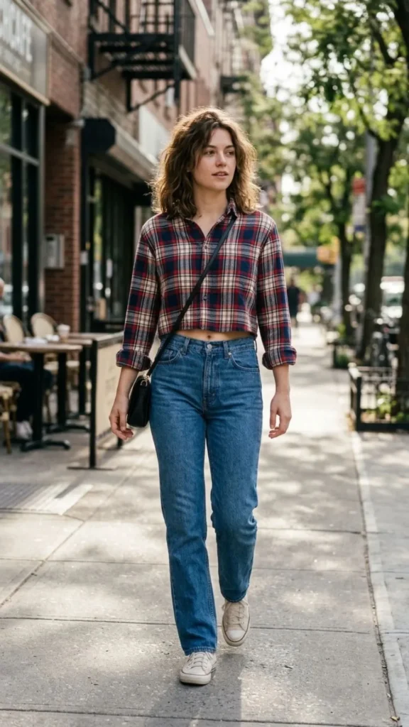 Modern Western outfit with a plaid crop shirt, straight-leg jeans, and brown cowboy boots.