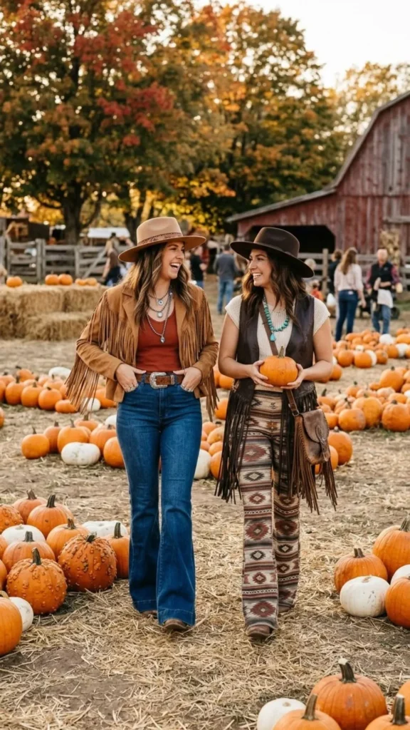 Pumpkin patch outfit featuring a fringe jacket, flared denim jeans, and autumn-inspired Western accessories.