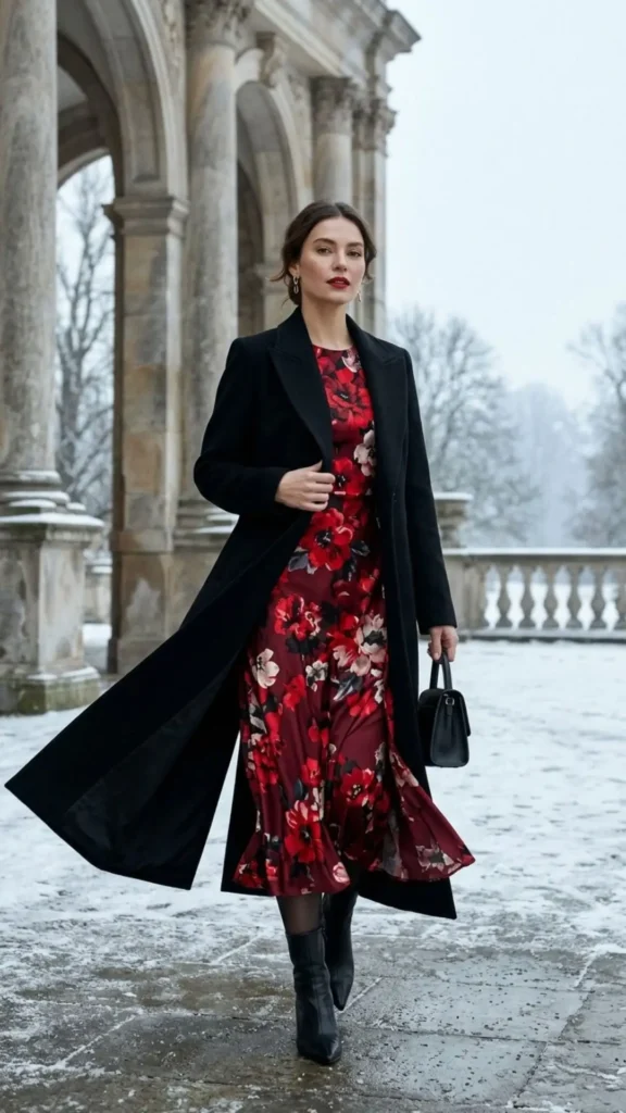 Red floral winter dress paired with a black longline coat for an elegant seasonal outfit.