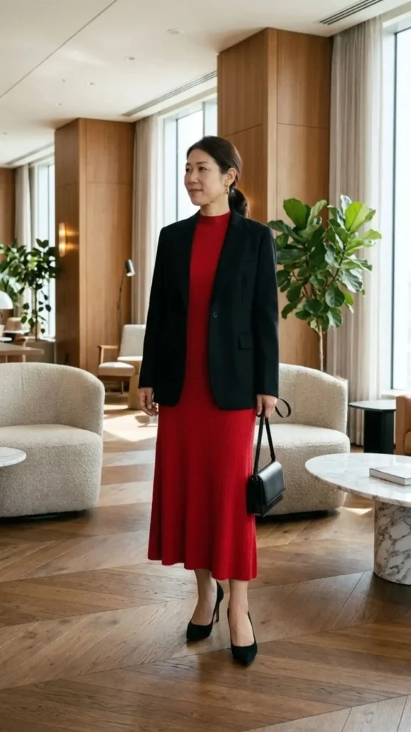 Red knit midi dress styled with a black blazer for an elegant and professional work party outfit.