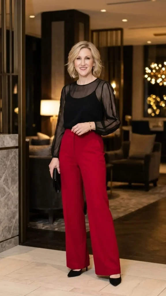 Red tailored trousers paired with a sheer black top for a bold and sophisticated party outfit.