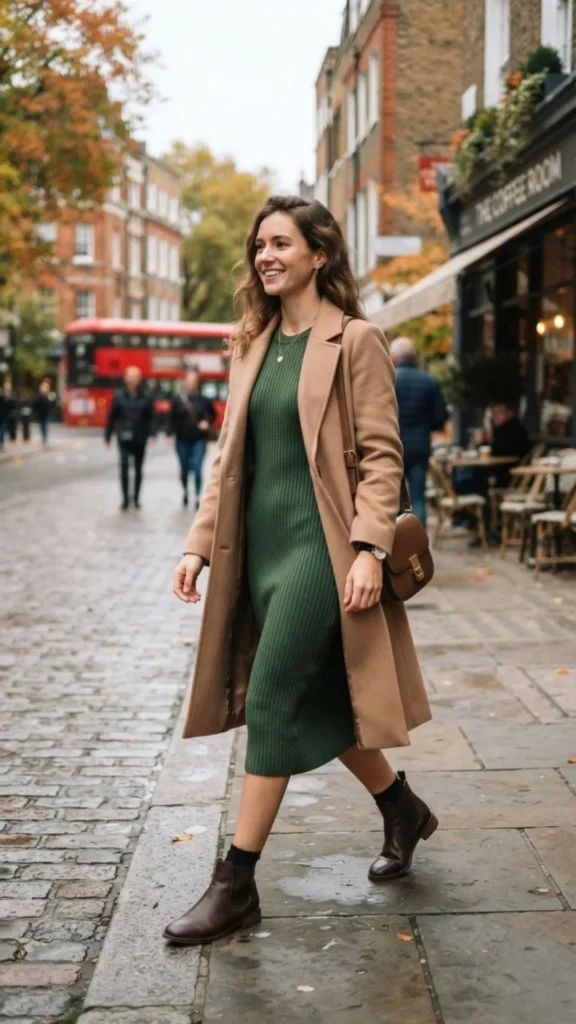 Woman wearing a ribbed midi dress with ankle boots and a long coat for a stylish autumn festival.