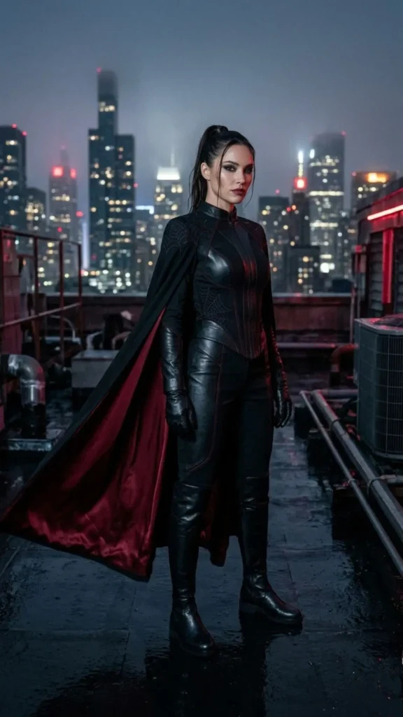 Black widow assassin Halloween costume featuring a fitted black outfit, mysterious accessories, and dramatic gothic makeup.