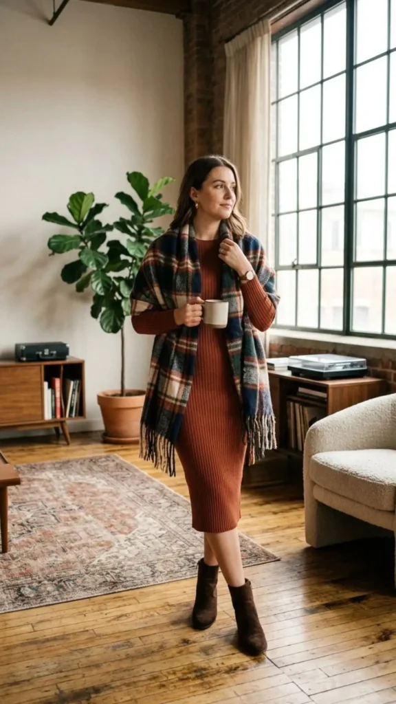 Rust bodycon dress with plaid blanket scarf for a cozy and fashionable winter look.