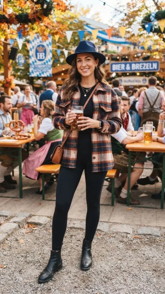 Woman wearing a casual shacket with black leggings and ankle boots for a stylish autumn festival look.