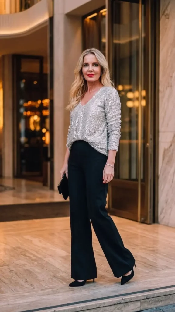 Silver sequin top paired with black wide-leg trousers for a chic and glamorous evening look.