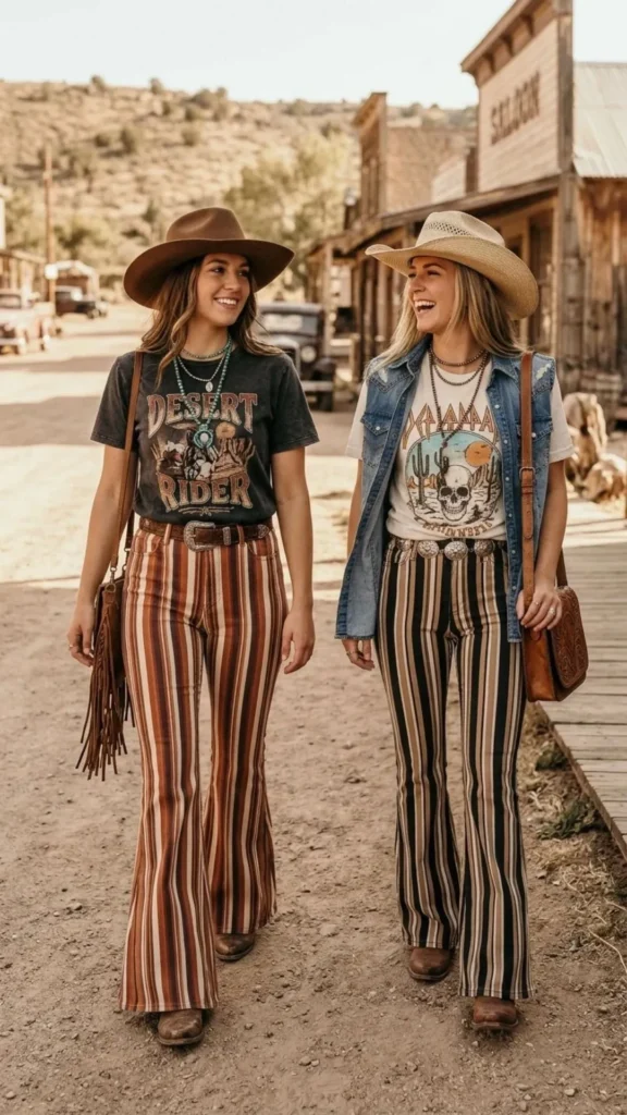 Casual cowgirl outfit featuring striped flared pants, a graphic tee, and trendy Western accessories.