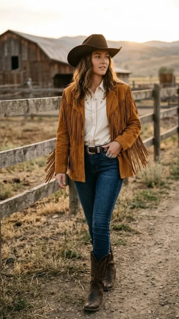 Suede fringe jacket paired with skinny jeans and cowboy boots for a timeless cowgirl outfit.