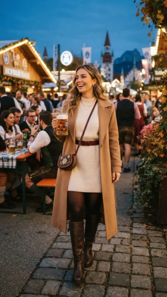 Woman in a cozy sweater dress with knee-high boots and a long coat for a chic fall celebration.