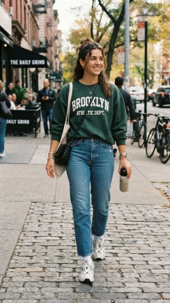 Woman wearing a casual sweatshirt with straight-leg jeans and chunky sneakers for a relaxed fall look.