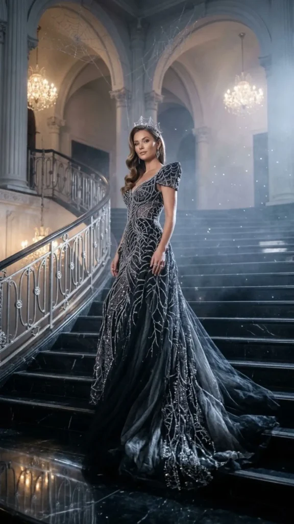 Glittering web queen Halloween look featuring a sparkling spiderweb costume, glamorous accessories, and royal styling.