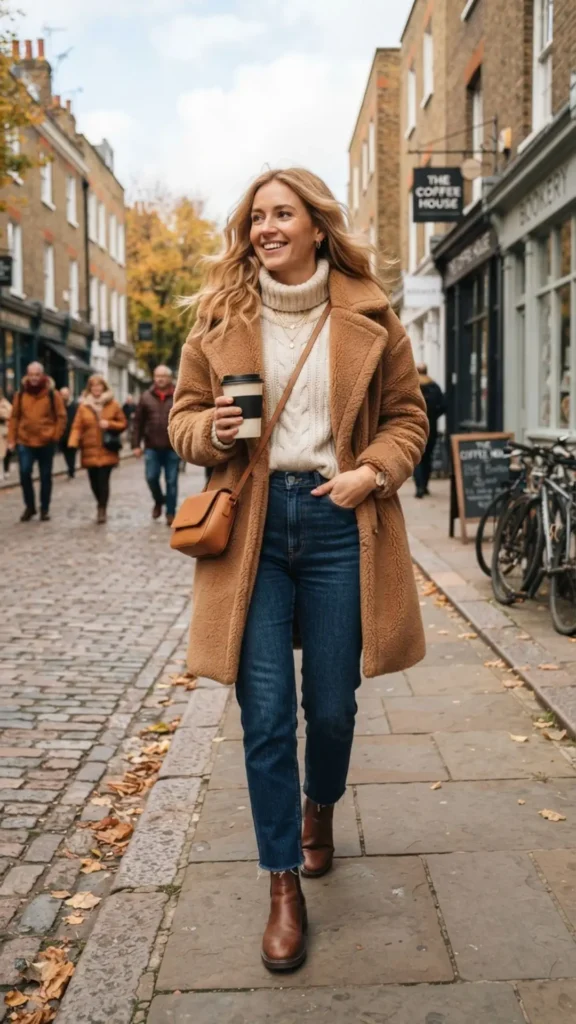 Woman in a cozy teddy coat with a cream knit sweater, dark denim, and autumn boots.