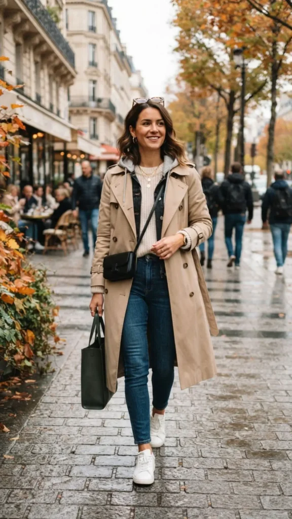 Woman wearing a classic trench coat over a cozy sweater with light autumn layers and boots.