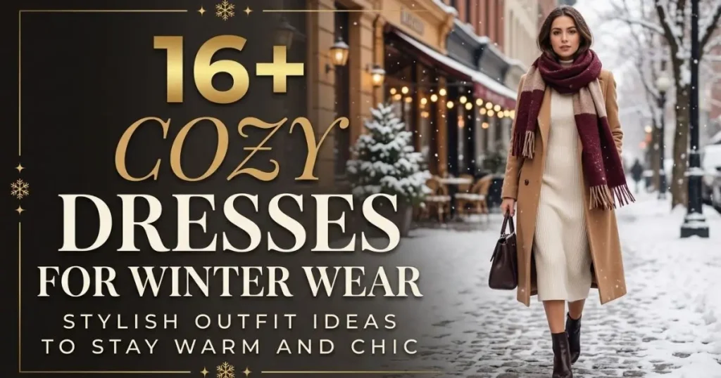 Cozy winter dresses styled with chic layers and warm accessories for a fashionable cold-weather look.