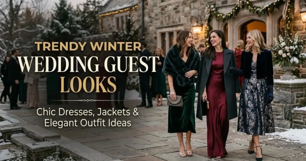Trendy winter wedding guest outfits with chic dresses, stylish jackets, and elegant winter layers.