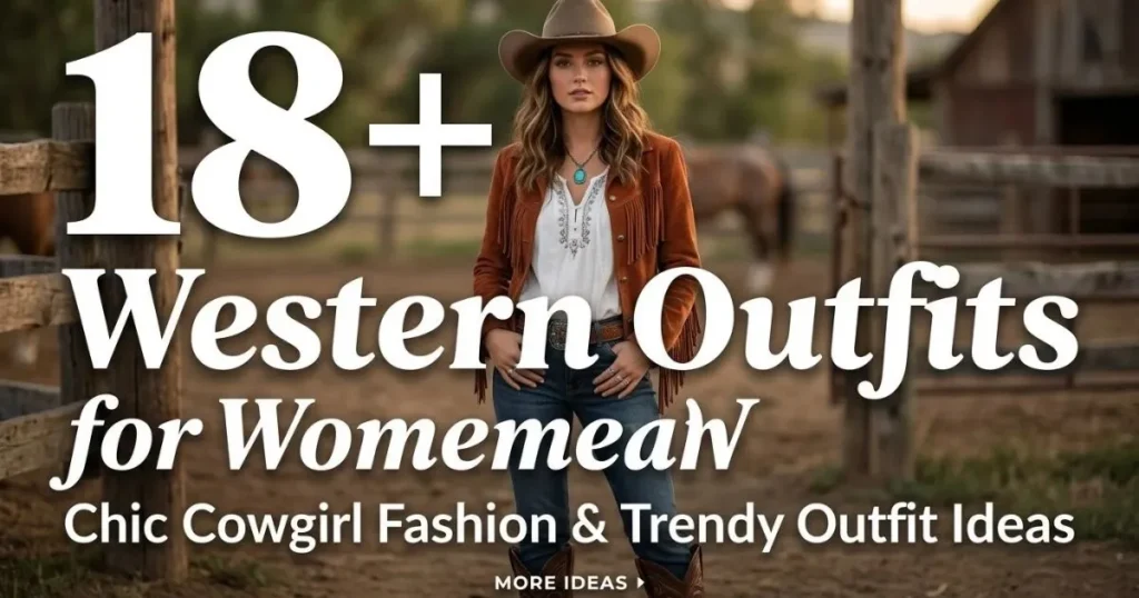 18+ Western outfits for women featuring chic cowgirl fashion, trendy denim, fringe jackets, cowboy boots, and stylish modern country-inspired looks.