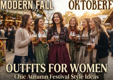 Stylish modern fall Oktoberfest outfit for women with cozy autumn layers and boots.