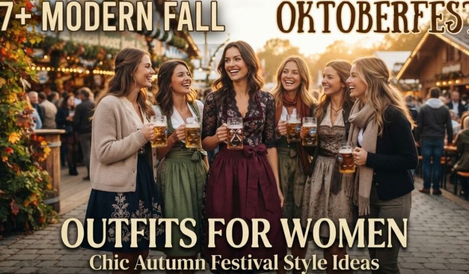 Stylish modern fall Oktoberfest outfit for women with cozy autumn layers and boots.