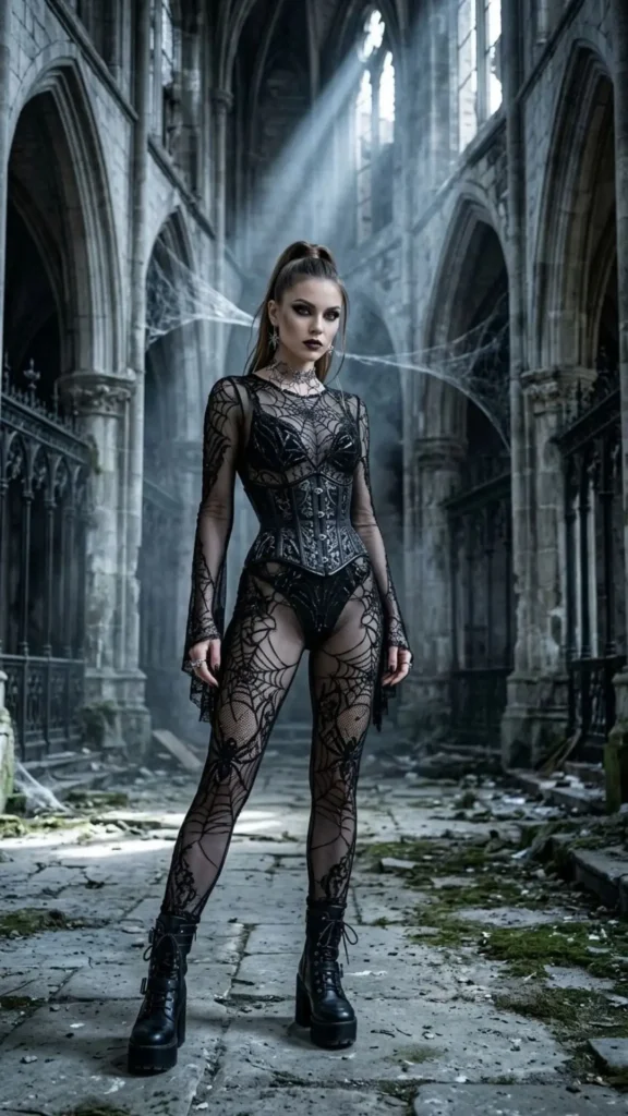 Gothic spider bodysuit Halloween costume featuring intricate web patterns, dark styling, and a bold spooky look.