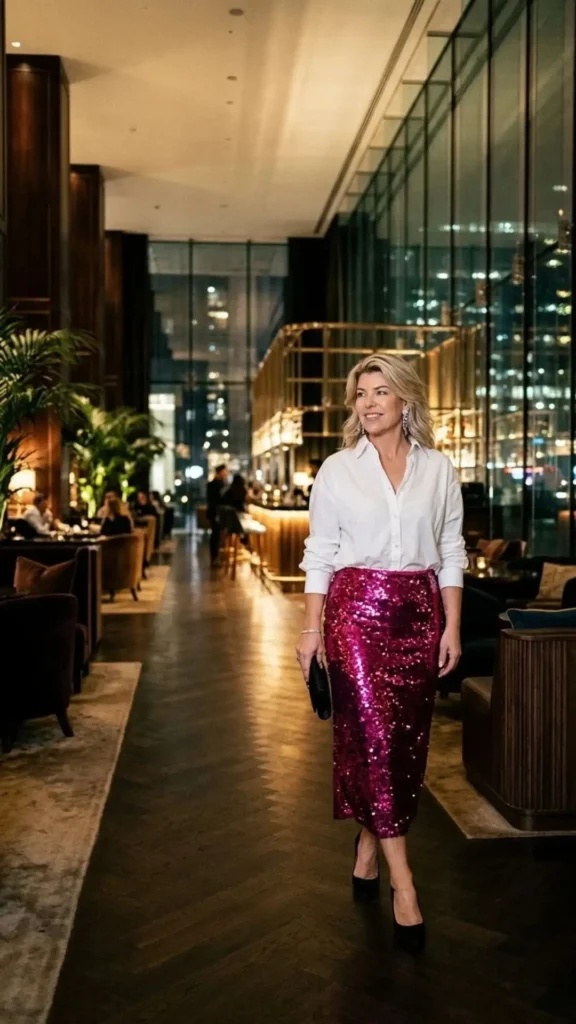 White button-down shirt paired with a fuchsia sequin skirt for a stylish party outfit.